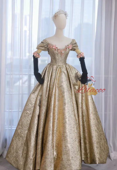 Champagne Gold Off the Shoulder Flower Prom Dress