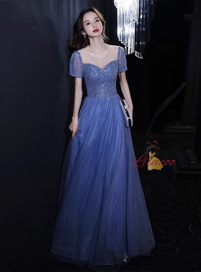 Champagne Tulle Short Sleeve Beading Prom Dress