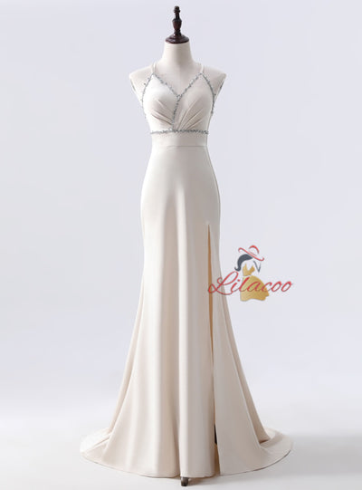 Burgundy Mermaid V-neck Beading Prom Dress