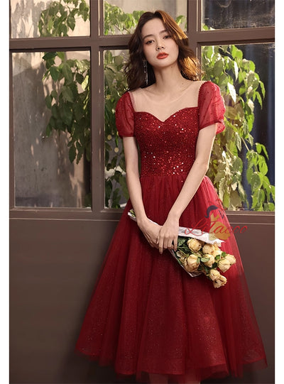 Champagne Tulle Short Sleeve Beading Prom Dress