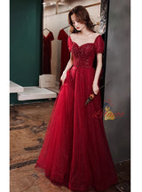 Champagne Tulle Short Sleeve Beading Prom Dress