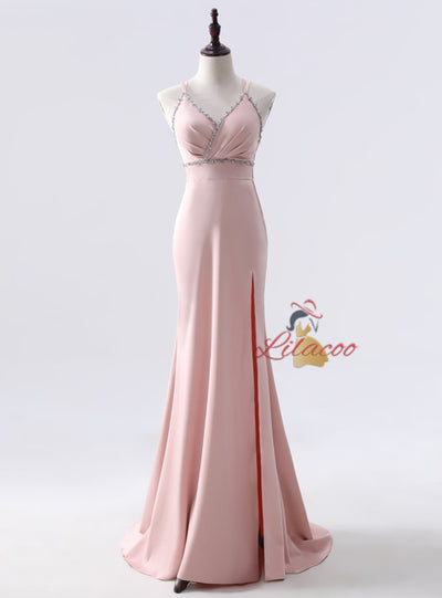 Burgundy Mermaid V-neck Beading Prom Dress