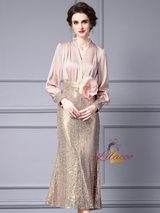 Long Sleeve V-neck Sequins Mother Of The Bride Dress