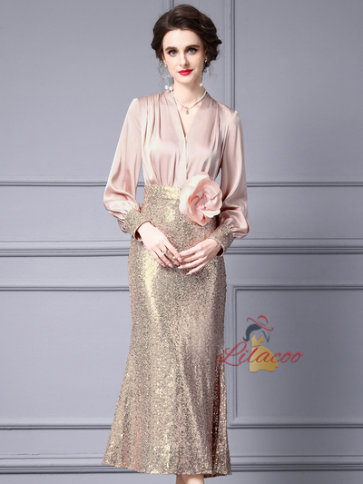 Long Sleeve V-neck Sequins Mother Of The Bride Dress
