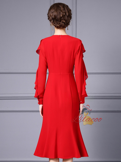 Red Long Sleeve Scoop Neck Mother Of The Bride Dress
