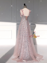 Pink Tulle Sequins Straps 3D Flower Prom Dress