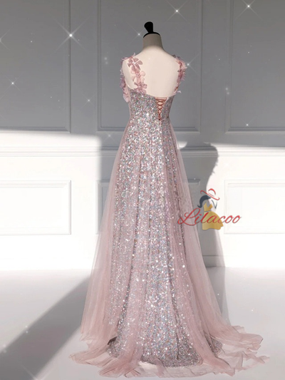 Pink Tulle Sequins Straps 3D Flower Prom Dress