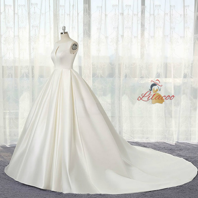 Ivory White Satin Backless Wedding Dress
