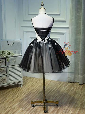 Black Tulle Straps Appliques Homecoming Dress