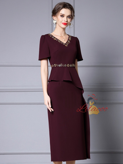 Pink V-neck Sequins Mother of the Bride Dress