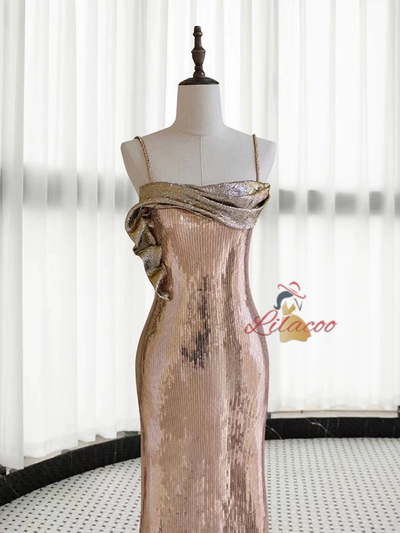 Champagne Sequins Spaghetti Straps Prom Dress