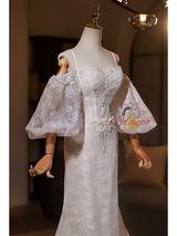 White Mermaid Lace Puff Sleeve Wedding Dress
