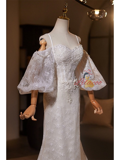 White Mermaid Lace Puff Sleeve Wedding Dress