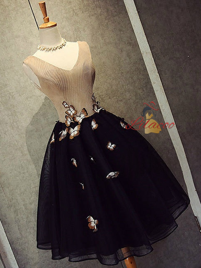 Black V-neck Butterfly Homecoming Dress