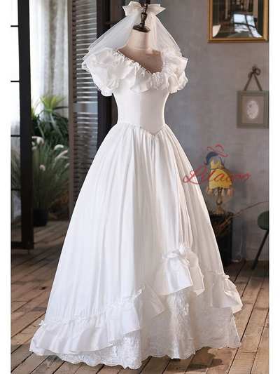 White Satin Lace V-neck Wedding Dress