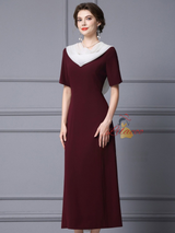 Burgundy Short Sleeve Pleats Mother Of The Bride Dress