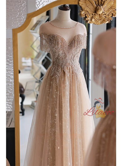 Champagne Tulle Beading Prom Dress