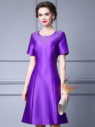 Purple Satin Short Sleeve Mother of the Bride Dress