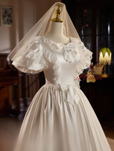 White Satin Lace Puff Sleeve Bow Wedding Dress