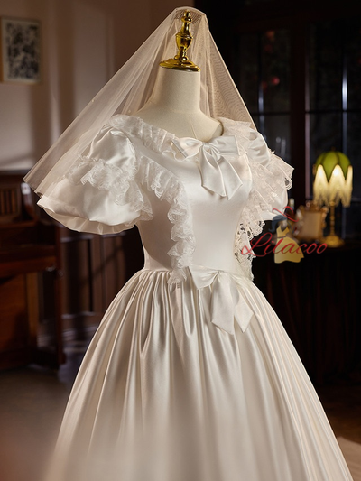 White Satin Lace Puff Sleeve Bow Wedding Dress