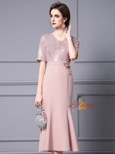 Pink Short Sleeve Sequins Flower Mother Of The Bride Dress