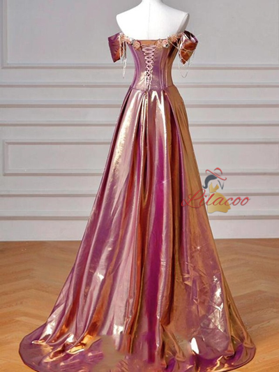 Pink Purple Off the Shoulder Beading Flower Prom Dress
