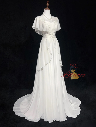 White Chiffon Appliques Pearls Wedding Dress