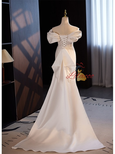 White Mermaid Lace Pearls Wedding Dress