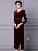 Burgundy Velvet Beading Mother Of The Bride Dress