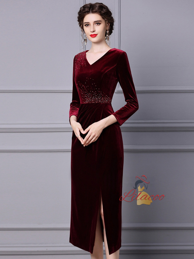 Burgundy Velvet Beading Mother Of The Bride Dress