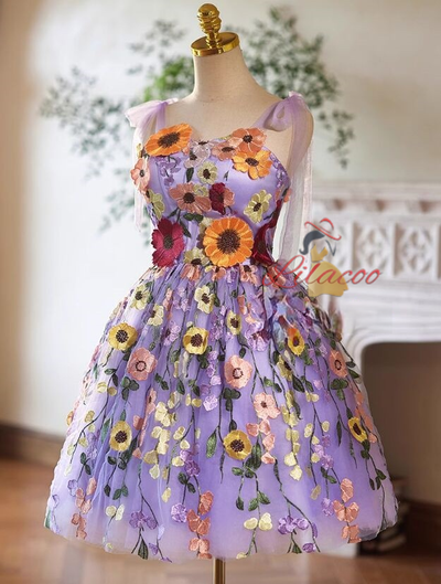 Purple Tulle Flower Straps Homecoming Dress