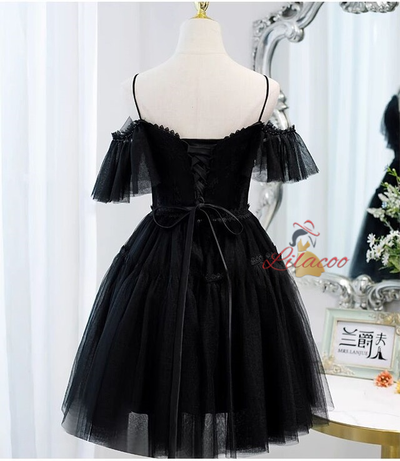 Black Tulle Lace Button Homecoming Dress