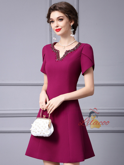 Fuchsia Beading Short Sleeve Mother Of The Bride Dress