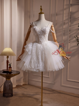 White Tulle Spaghetti Straps Beading Wedding Dress