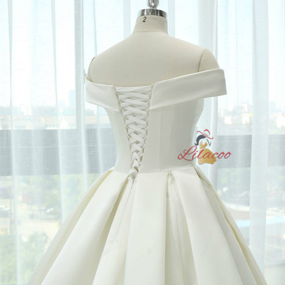 White Satin Off The Shoulder Wedding Dress