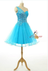 Blue Tulle One Shoulder Beading Homecoming Dress