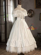 White Satin Lace Off the Shoulder Bow Wedding Dress