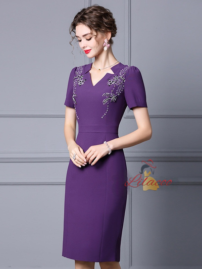 Purple Short Sleeve Beading Mother Of The Bride Dress