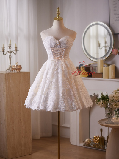 White Lace Strapless Pearls Homecoming Dress