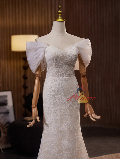 White Mermaid Lace Off the Shoulder Wedding Dress