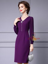 Purple V-neck Beading Long Sleeve Mother Of The Bride Dress