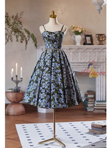 Black Spaghetti Straps Print Homecoming Dress