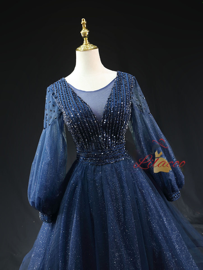 Navy Blue Sequins Long Sleeve Homecoming Dress
