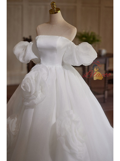 Simple White Tulle Strapless 3D Flower Wedding Dress