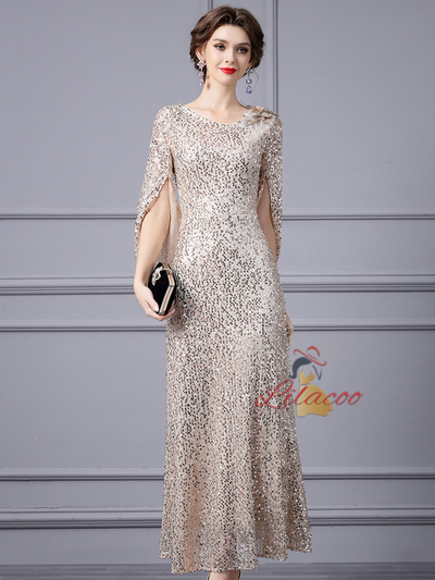Gold Sequins Short Sleeve Mother Of The Bride Dress