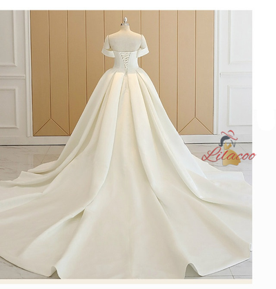 White Satin Off The Shoulder Wedding Dress