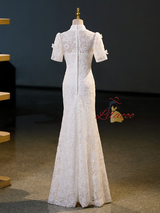 White Lace Short Sleeve Wedding Dress