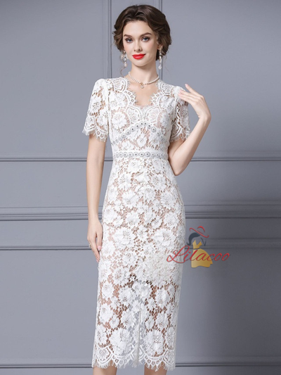 White Lace V-neck Beading Mother Of The Bride Dress