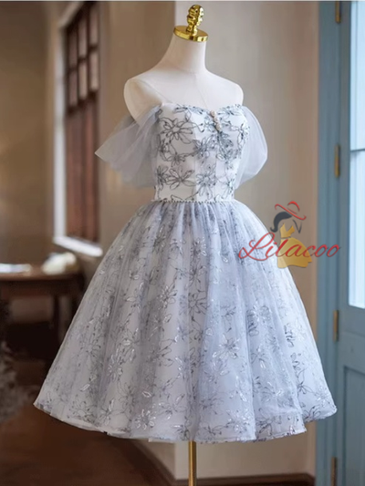 Gray Tulle Lace Sequins Homecoming Dress