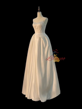 White Satin Spaghetti Straps Wedding Dress